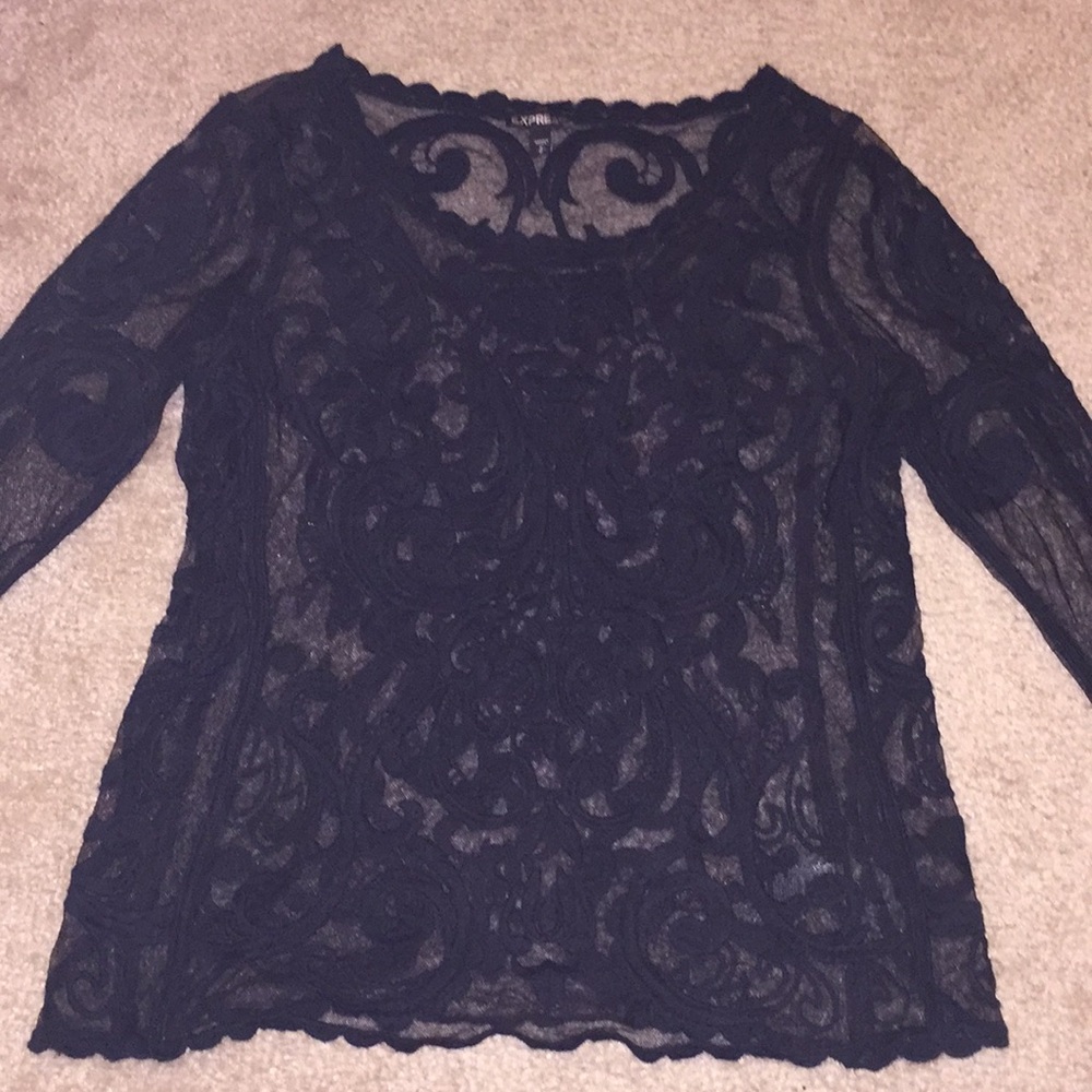 Black lace, mesh purse with scalloped hem. Size S